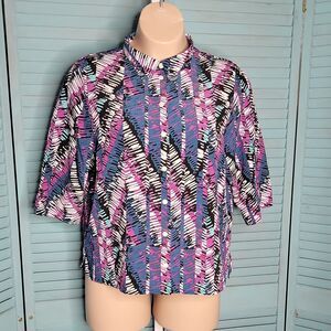 Morgan Crossing Button Up Collared Shirt ~ Sz 16P ~ Teal,Purple,Pink~ 3/4 Sleeve